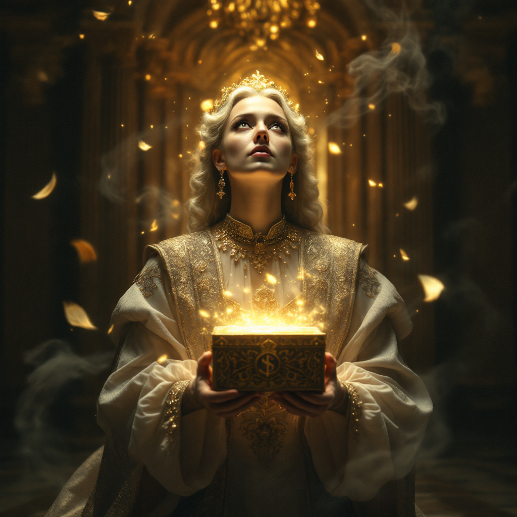 A majestic figure in ornate clothing holds a glowing treasure box, symbolizing the transformation of earned income into passive income, surrounded by an ethereal, golden light.