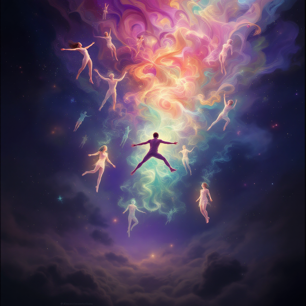 A celestial scene depicts a figure surrounded by translucent human silhouettes ascending into a vibrant, swirling nebula, embodying the complexity of human desires beyond labels of hero or villain.