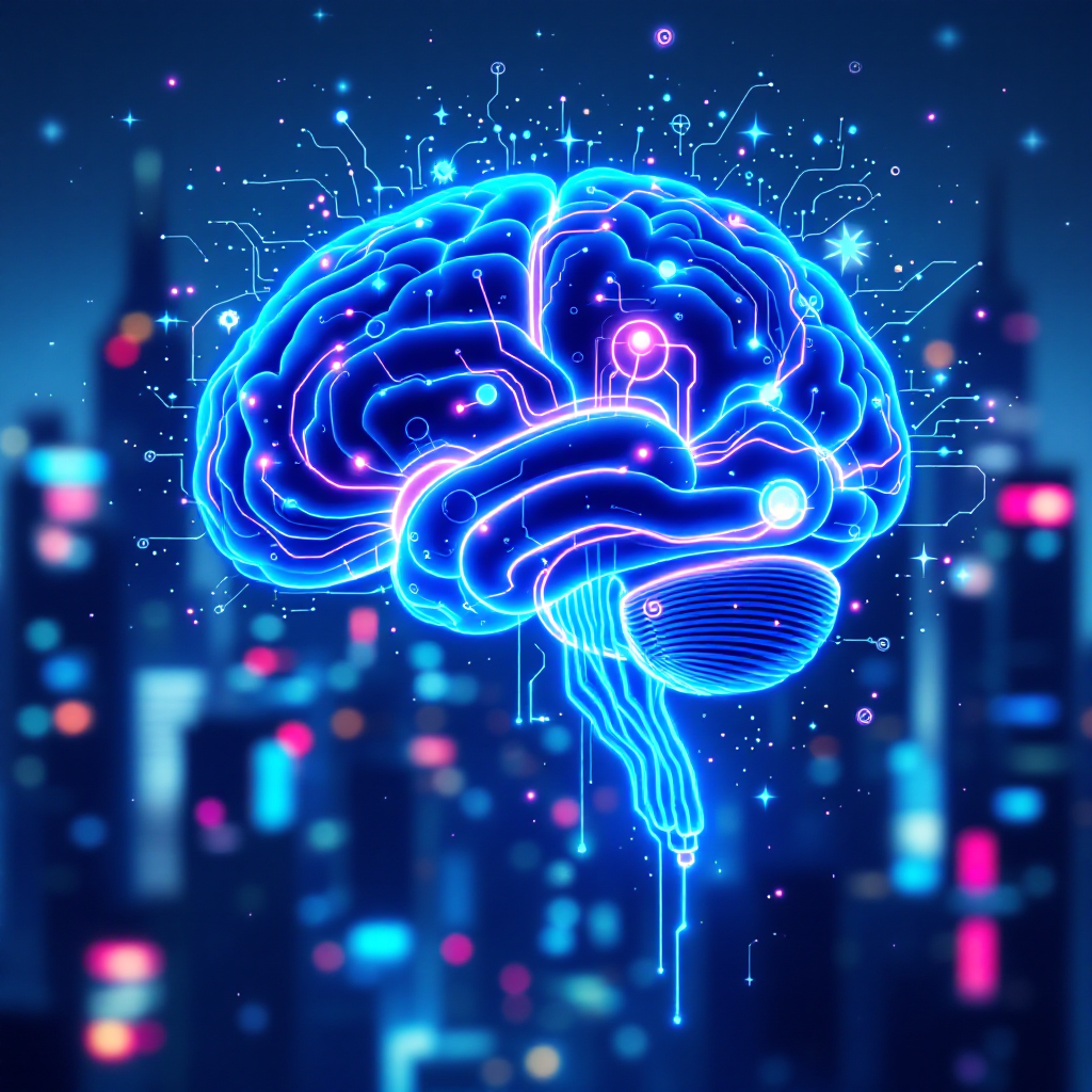 A vibrant, neon blue brain surrounded by glowing patterns, symbolizing mental power and control, set against a blurred cityscape at night.