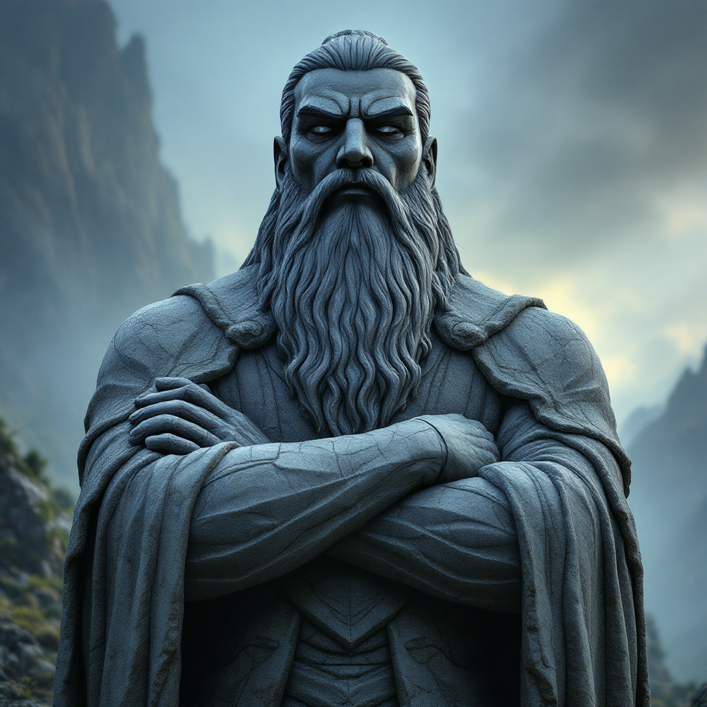 A powerful stone statue of a warrior with a long beard and crossed arms, set against a dramatic mountainous backdrop, symbolizes the strength of willpower and intelligence over weapons.