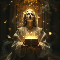 A majestic figure in ornate clothing holds a glowing treasure box, symbolizing the transformation of earned income into passive income, surrounded by an ethereal, golden light.