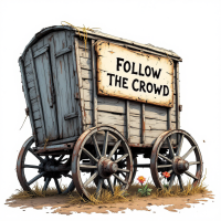 A rustic wooden cart with large wheels displays the phrase FOLLOW THE CROWD, reflecting the quote, If you can see a bandwagon, it’s too late to get on. Surrounding grass and flowers add a natural touch.