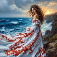 A woman in a flowing white dress with red embellishments stands on a rocky coastline, her hair billowing in the wind, gazing out at the turbulent sea under a dramatic sunset.