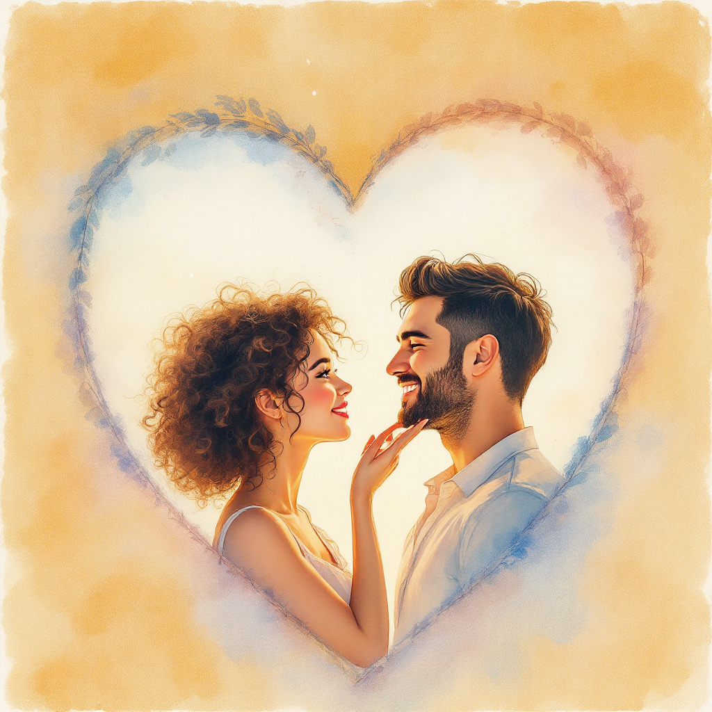 A joyful reunion is depicted in a heart-shaped illustration, featuring a man and woman gazing at each other affectionately, embodying the quote about the joy of meeting again.