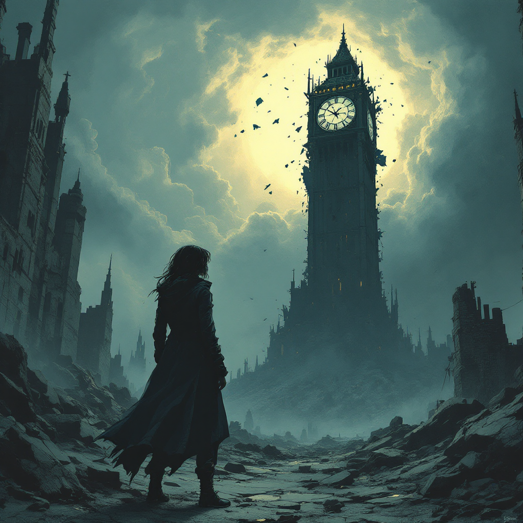 A figure stands amidst ruins, gazing at a towering clock tower looming against a dark, cloudy sky, reflecting the haunting quote, The world has ended, so why hasn’t this one?