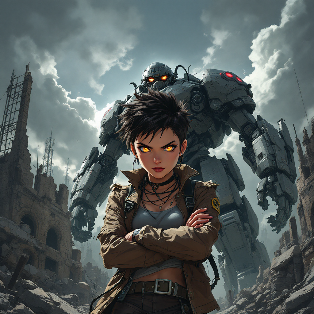 A fierce young woman stands confidently in a desolate landscape, with a towering robot behind her, embodying the quote's message: Hope is a stubborn thing, often misplaced but rarely extinguished.