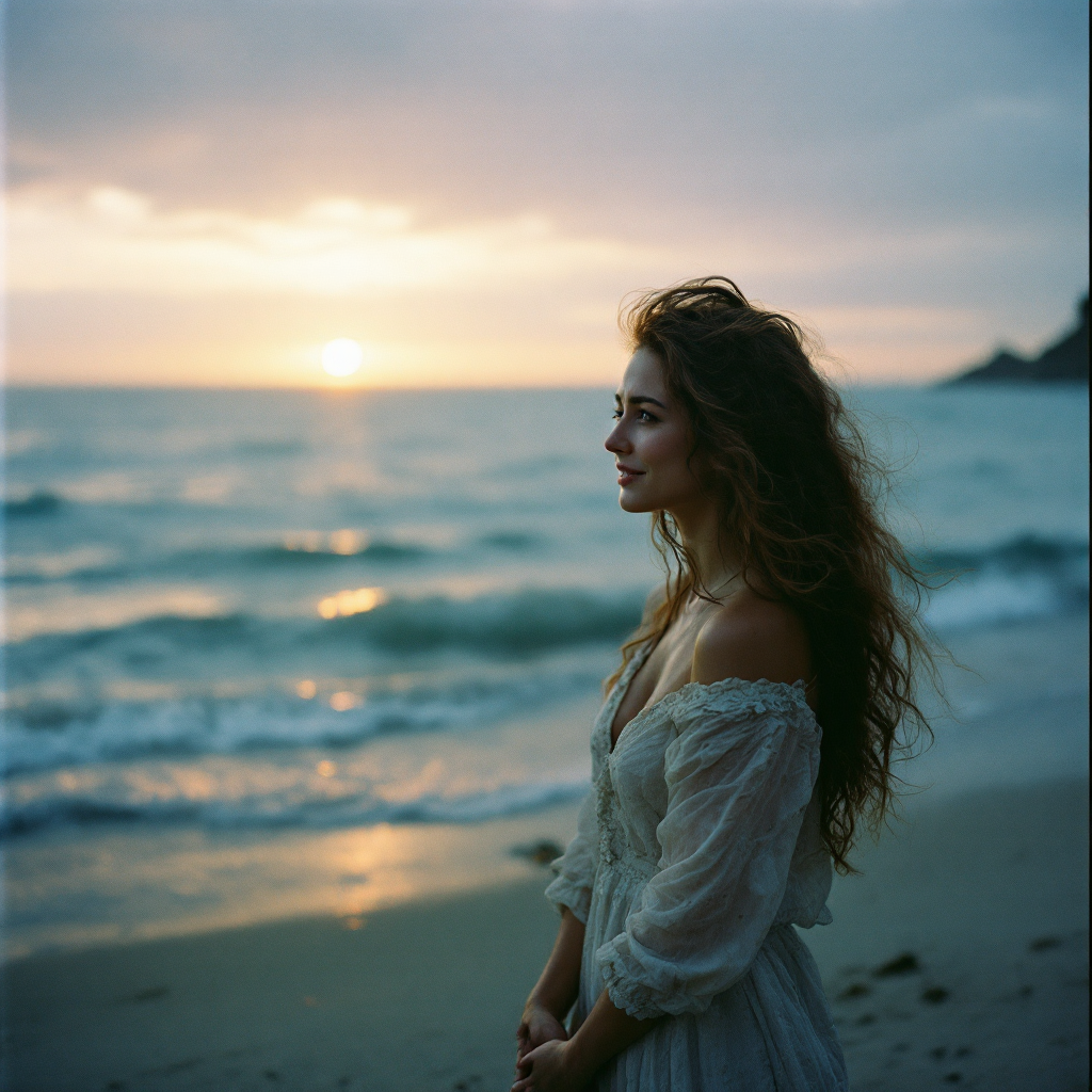 A woman stands by the shore, gazing thoughtfully at the horizon as the sun sets, embodying the bittersweet acceptance of letting go of unfulfilled desires.