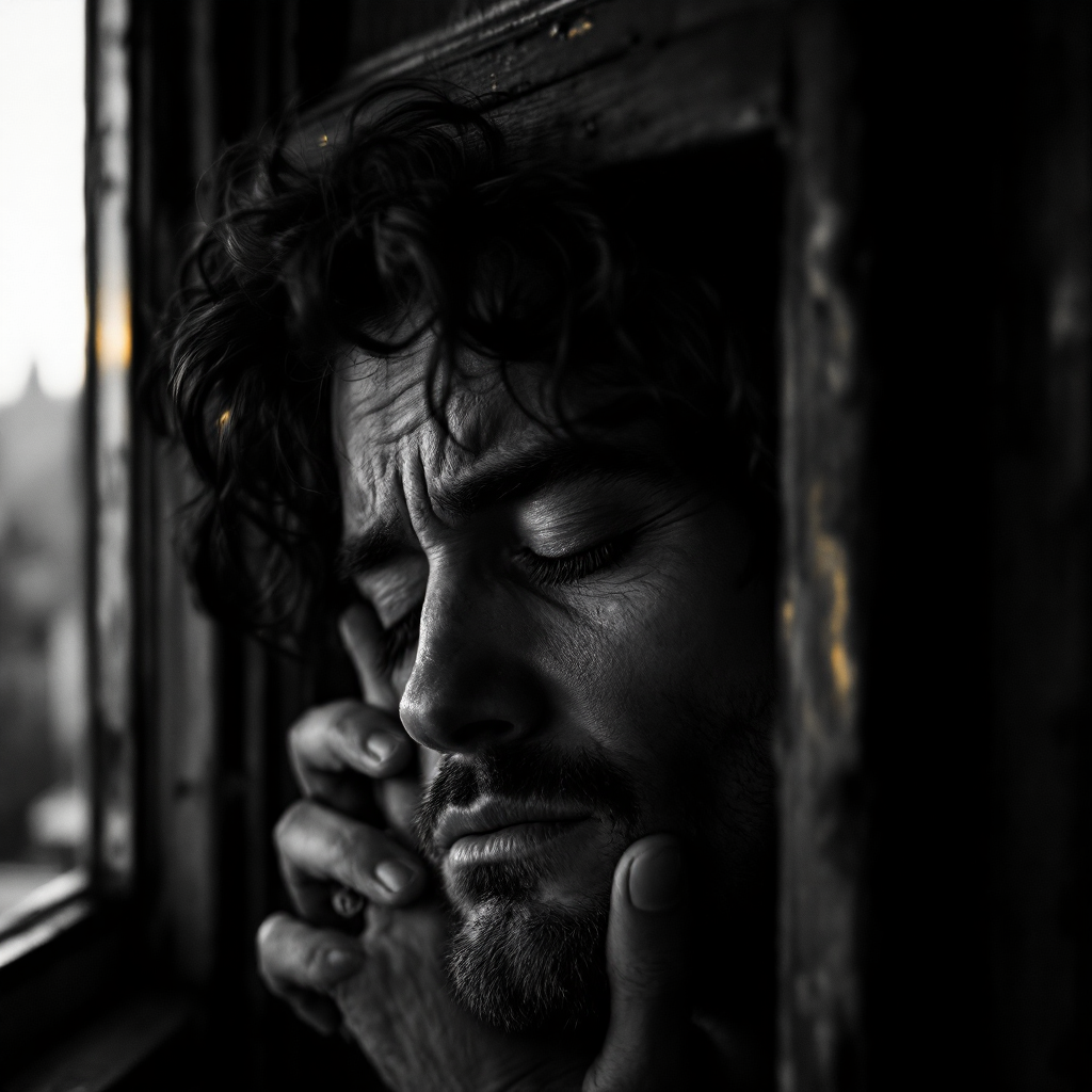 A black and white image of a man gazing intently, resting his head against a wooden frame, embodying a moment of introspection and emotional exhaustion.