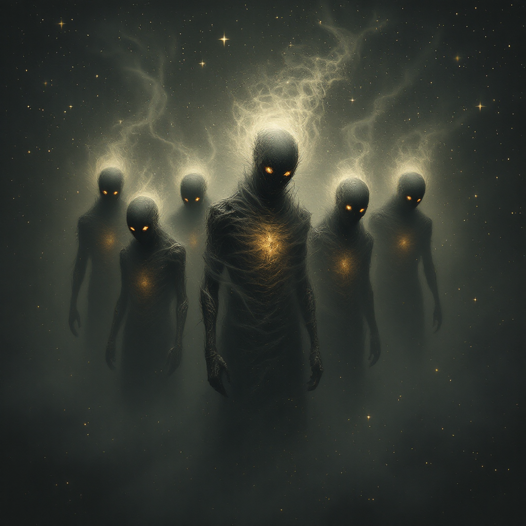 A dark, ethereal scene depicts six shadowy figures with glowing hearts and piercing eyes, embodying the idea of flawed creatures carrying their own darkness.