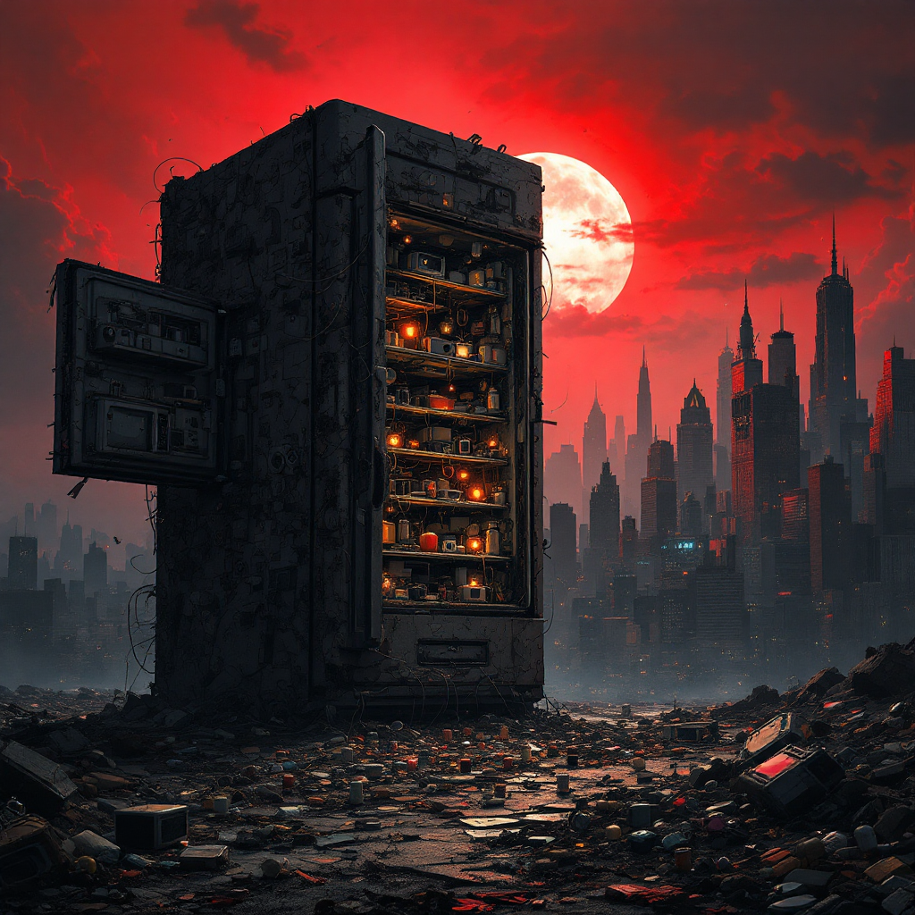 A worn refrigerator stands amidst a desolate cityscape, illuminated by an eerie red sky, symbolizing the haunting truth of ownership and its burdens.