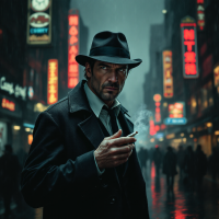 A man in a fedora and overcoat stands under rainy neon lights, holding a cigarette, embodying a gritty, determined demeanor in a cityscape.