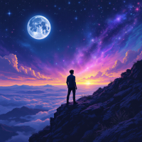 A silhouetted figure stands atop a rocky peak, gazing at a vibrant sky filled with hues of purple and pink, dominated by a large moon, embodying the powerful drive of hope.