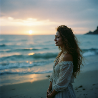 A woman stands by the shore, gazing thoughtfully at the horizon as the sun sets, embodying the bittersweet acceptance of letting go of unfulfilled desires.