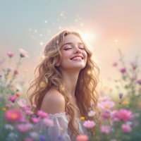 A joyful young woman with flowing hair smiles contentedly amidst a field of colorful flowers, embodying the fleeting essence of happiness as described in the quote.