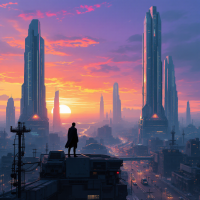 A silhouetted figure stands on a rooftop, overlooking a futuristic cityscape at sunset, embodying the theme of survival amidst towering skyscrapers and a vibrant sky.