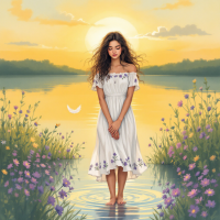 A young woman in a white dress stands in tranquil waters at sunrise, surrounded by vibrant flowers, embodying the quote about the bravery of letting go.