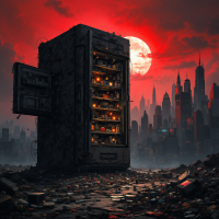 A worn refrigerator stands amidst a desolate cityscape, illuminated by an eerie red sky, symbolizing the haunting truth of ownership and its burdens.