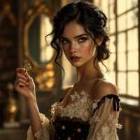 A young woman in an ornate, vintage setting holds a key, her expression reflecting a desire for freedom from expectations and the weight of lineage.