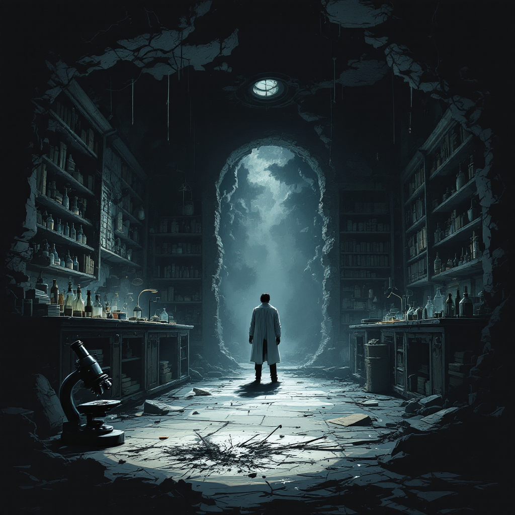 A scientist stands in a dimly lit laboratory, surrounded by shelves of bottles and a microscope, facing a dark, transformed archway symbolizing lost freedom of information.