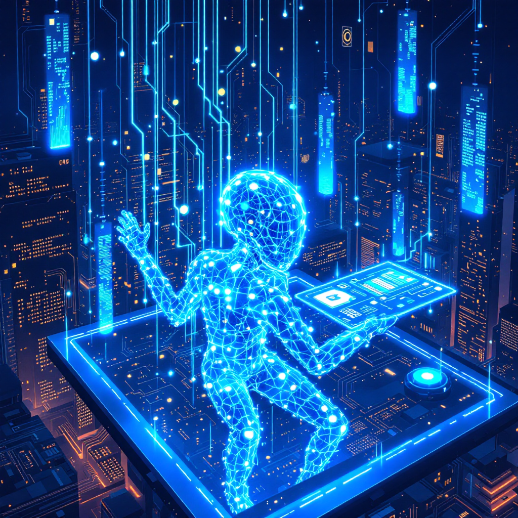 A digital, glowing figure interfaces with a holographic panel amidst a futuristic cityscape filled with blue circuitry and illuminated data streams, depicting advanced virtual interaction.