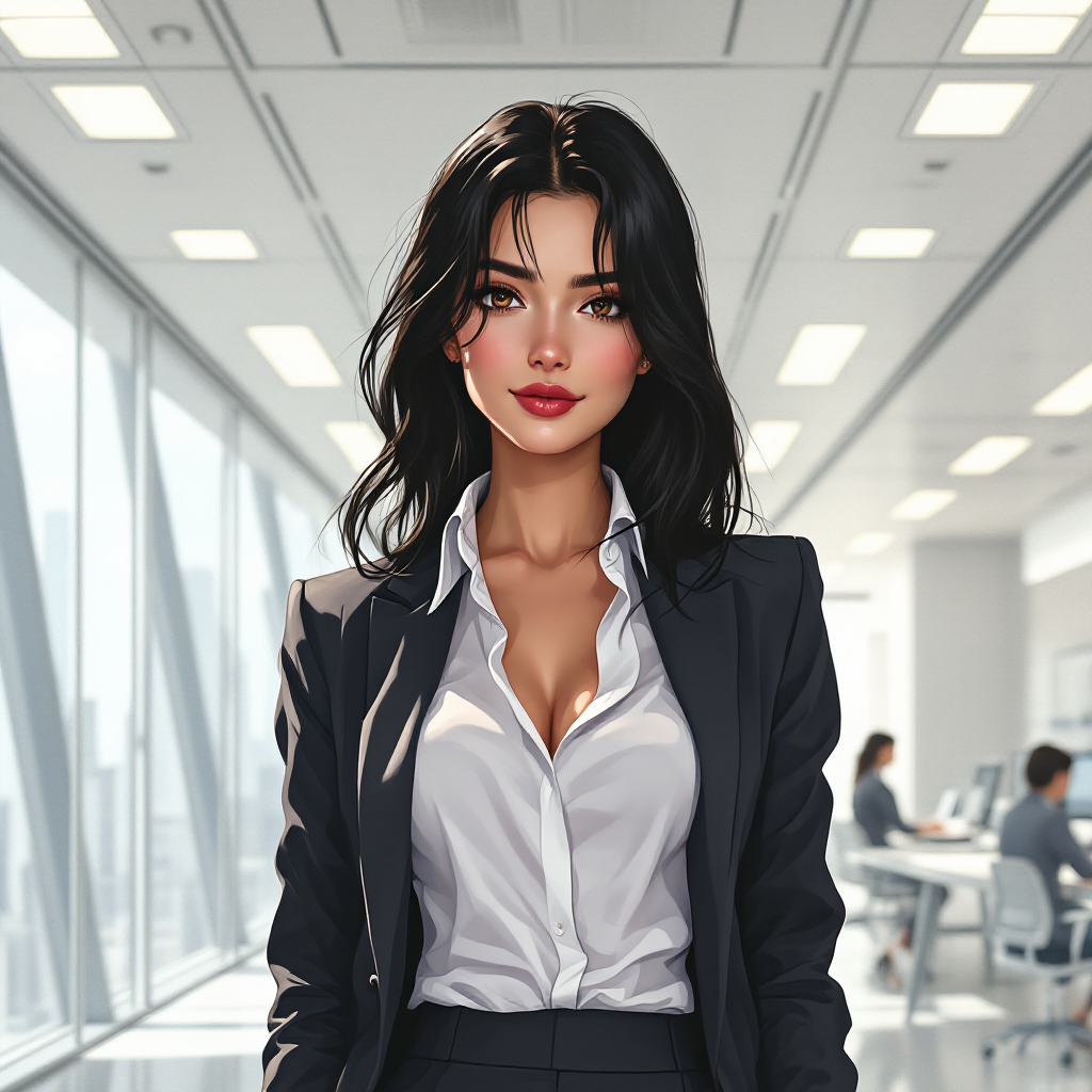 A young woman with thick raven hair and a white blouse stands confidently in a modern office, embodying beauty and strength amid a bustling work environment.