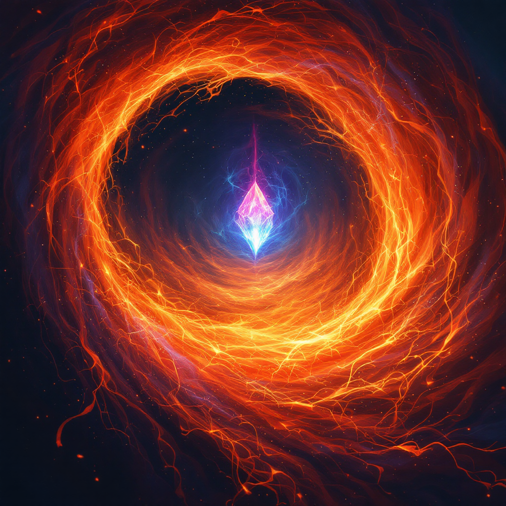 A swirling vortex of fiery orange and deep red surrounds a luminous, gem-like core, symbolizing a unique story that demands to be told.