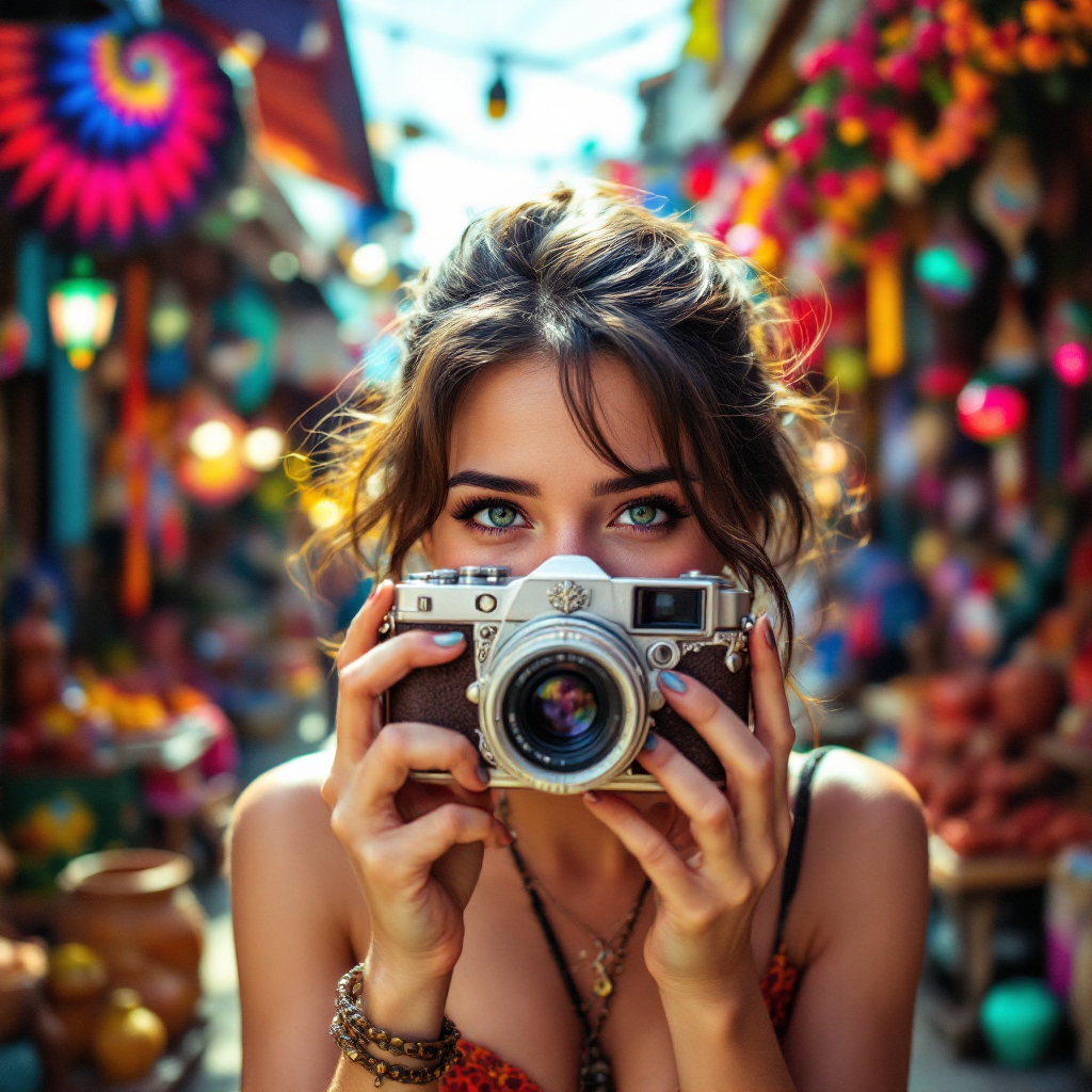 A young woman with captivating blue eyes holds a vintage camera, smiling amidst a vibrant market filled with colorful decorations and artisan goods, embodying the spirit of adventure.