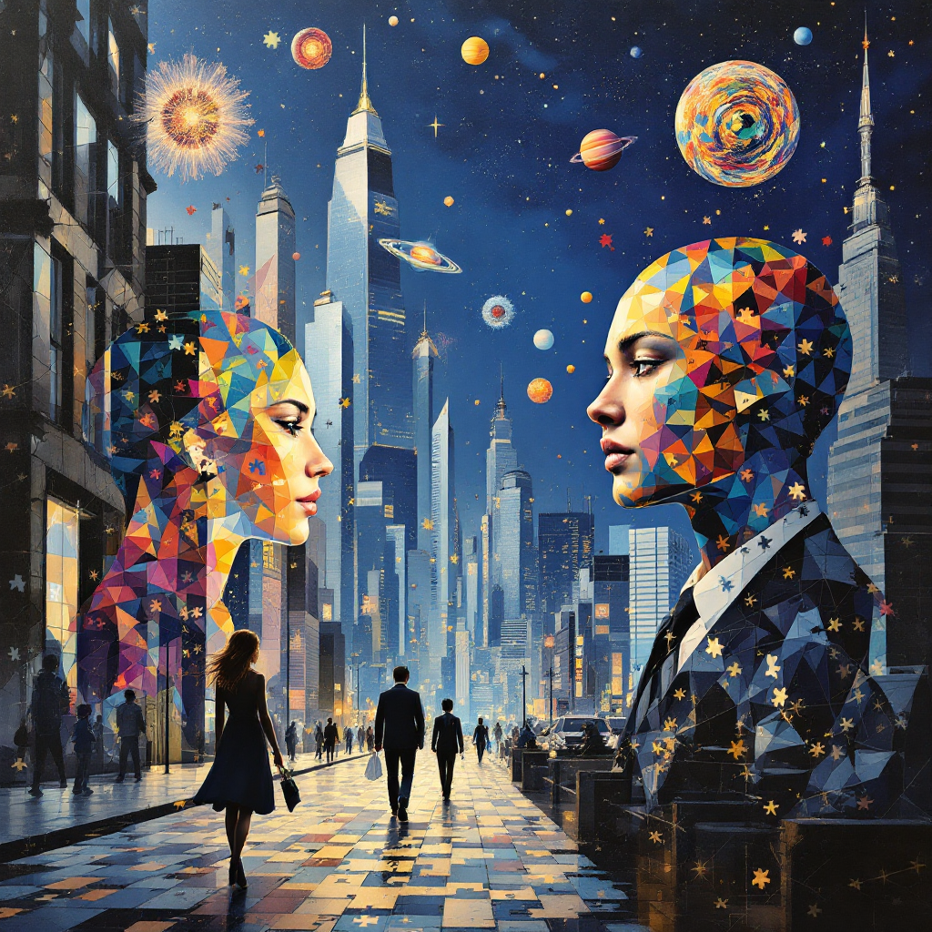 A vibrant cityscape features two faceless figures with colorful, geometric patterns, symbolizing untold stories amidst a universe of celestial bodies and towering skyscrapers.