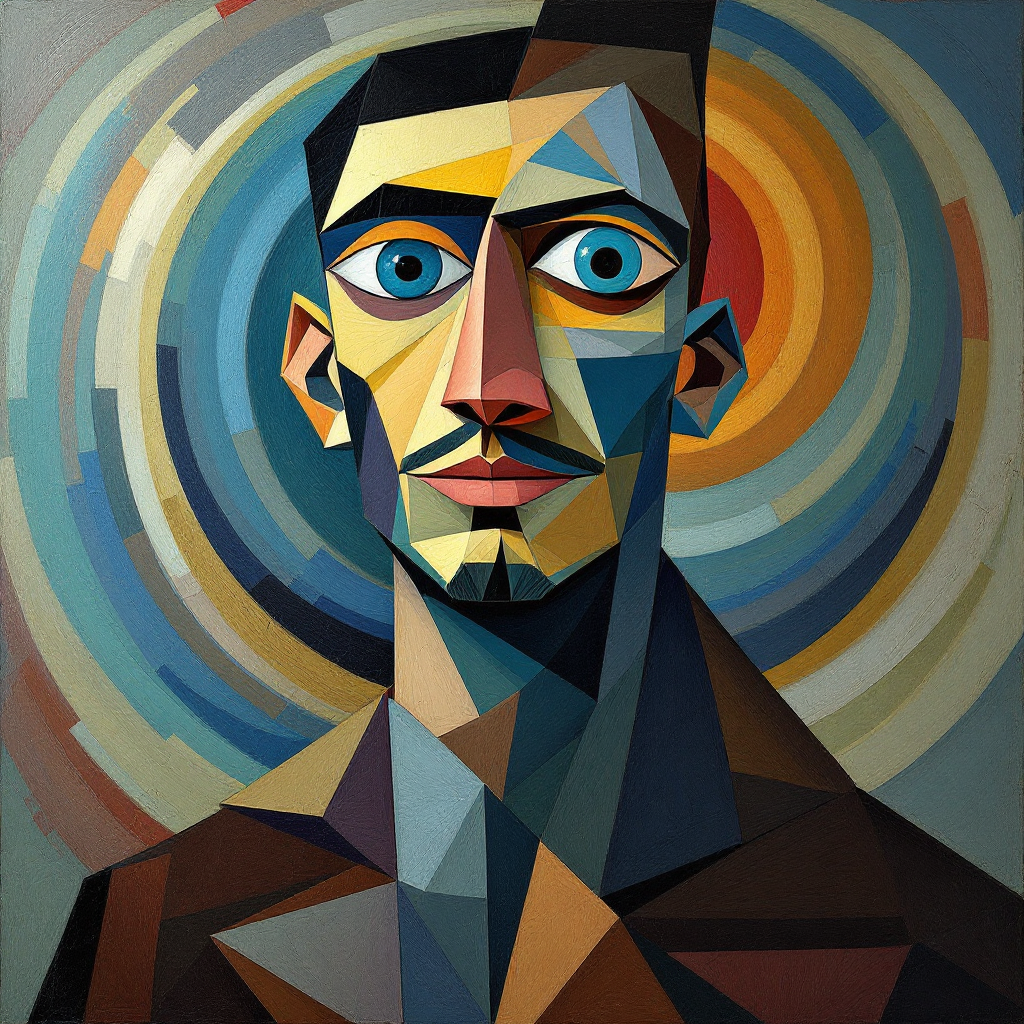 A geometric portrait of a man with striking blue eyes and a confident expression, surrounded by vibrant circular patterns, reflecting the essence of authenticity and self-acceptance.