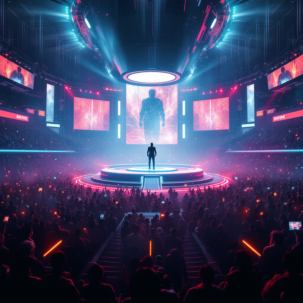 A dynamic arena filled with a cheering crowd watches a silhouetted figure on stage, illuminated by bright lights, embodying the blurred lines between justice and entertainment.