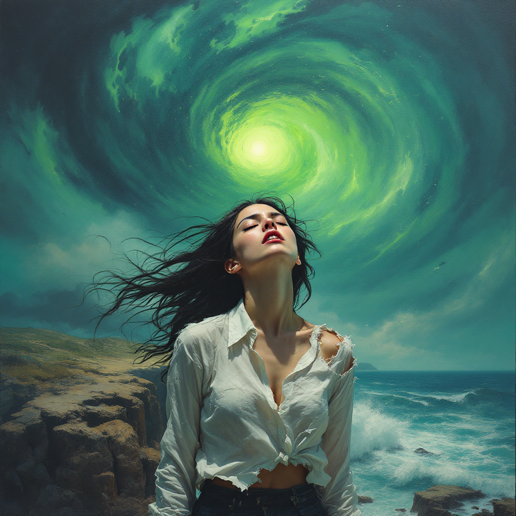 A woman stands in front of a turbulent sea, her hair blowing in the wind, as a swirling green vortex above symbolizes the internal battles we face.