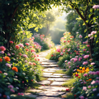 A sunlit garden path winds through vibrant flowers, embodying natural beauty and tranquility, reflecting the sentiment of appreciating beauty without the need for fantasy.