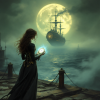 A woman in a flowing black dress stands at a misty dock, holding a glowing orb, while a ship sails under a large, luminous moon, evoking the sentiment of So long, and thanks for all the fish.