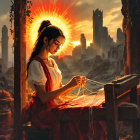 A young woman weaves threads of light against a backdrop of ruins, embodying the quote about hope stitching light into darkness during challenging times.