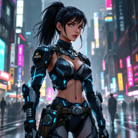 A futuristic warrior with sleek cybernetic armor stands confidently in a neon-lit city, embodying the theme of self-created superhuman strength in an unstable world.