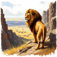 A majestic lion stands atop a rocky outcrop, gazing over a vast savannah dotted with sheep, embodying the quote, A lion does not concern himself with the opinion of sheep.