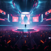 A dynamic arena filled with a cheering crowd watches a silhouetted figure on stage, illuminated by bright lights, embodying the blurred lines between justice and entertainment.