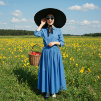 A woman stands in a vibrant, sunlit field, wearing a cornflower-blue skirt and blouse paired with a wide-brimmed black hat. She holds a basket and smiles warmly, embodying lively charm.