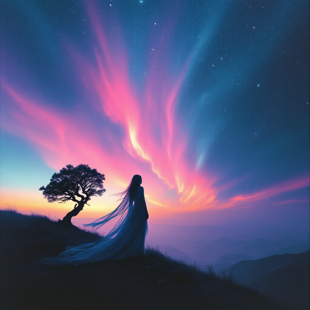 A serene silhouette of a woman in a flowing gown stands on a hillside under a vibrant cosmic sky, embodying the transformative power of the unknown as a canvas for our stories.