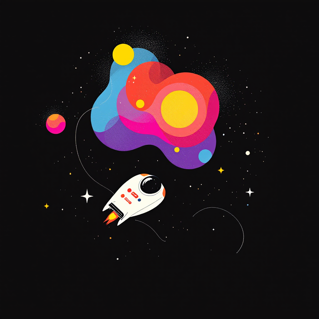 A colorful rocket soars through a vibrant cosmic scene filled with swirling nebulae and distant stars, embodying the wonders of the vast universe.