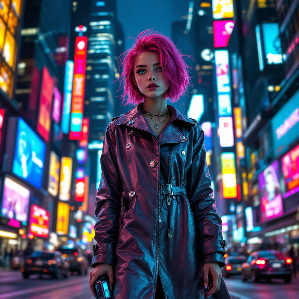 A young woman with vibrant pink hair stands confidently in a neon-lit cityscape, embodying the quote's essence about love and independence in children.