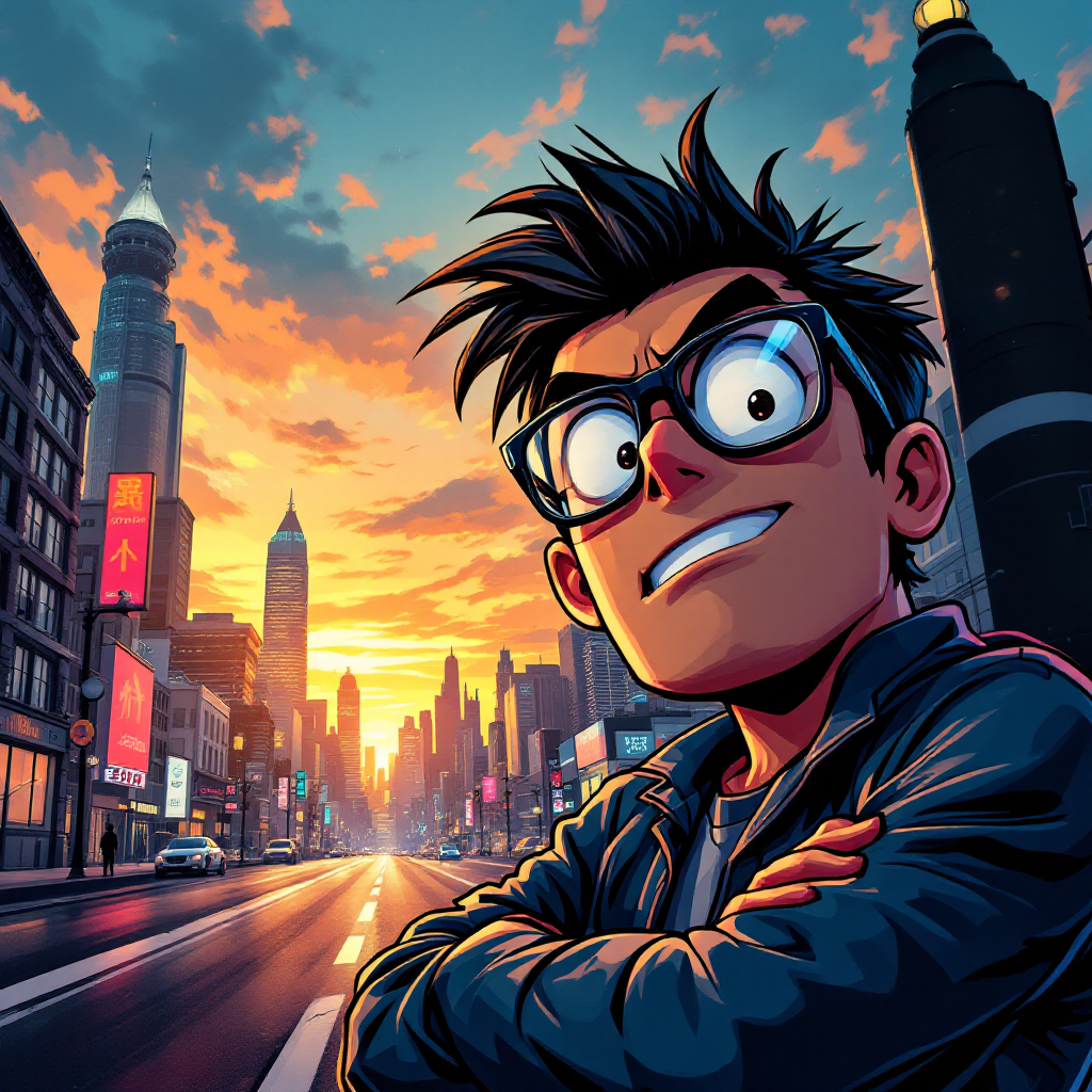 A confident, animated character with spiky hair and glasses stands in a vibrant city at sunset, embodying the quote, It’s not just a job. It’s a way of life. The skyline is alive with energy.