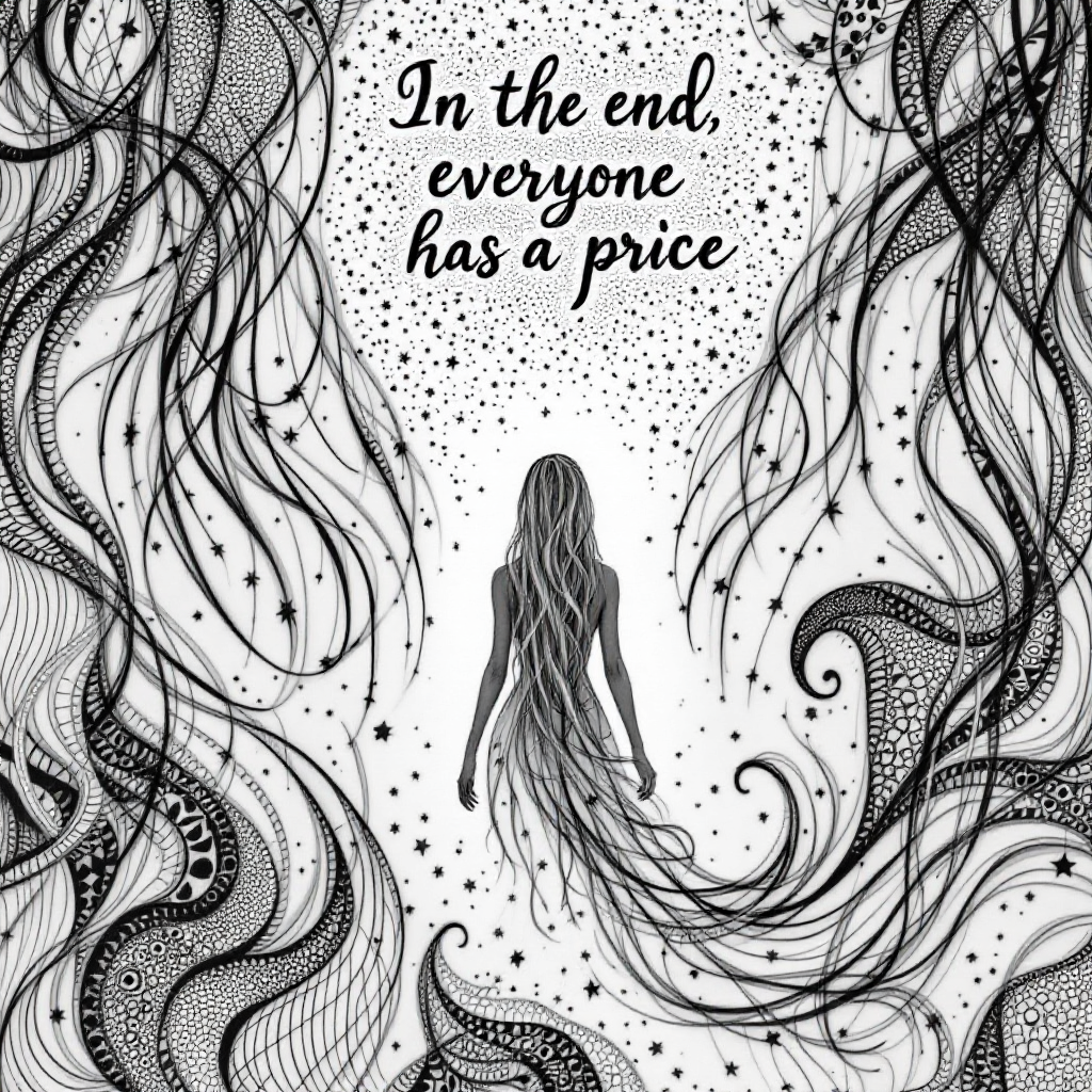 A monochrome illustration features a silhouette of a woman amidst swirling patterns and stars, with the quote In the end, everyone has a price elegantly displayed above her.