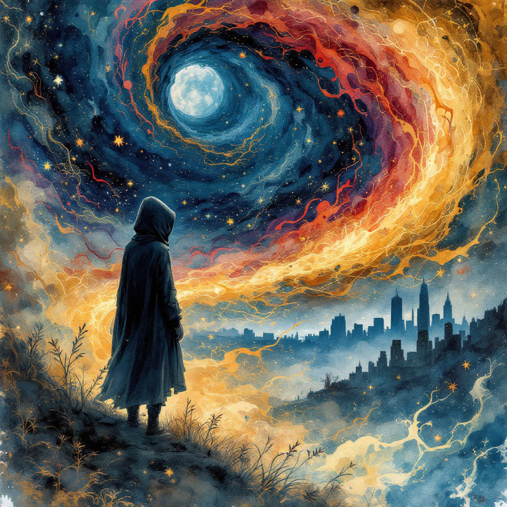 A figure in a dark cloak stands before a swirling galaxy above a city skyline, embodying the idea of finding home in connections with others amidst cosmic beauty.