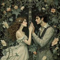 A tender moment captures two people gazing at each other, hands almost touching, surrounded by lush flowers and a decorative backdrop, illustrating deep love despite separation.