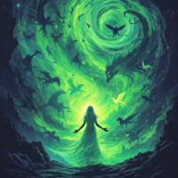 A mystical scene featuring a glowing figure surrounded by swirling green energy, with dragons and mythical creatures emerging from the vortex, illustrating the connection of truth in legends.