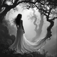 A silhouette of a woman in a flowing white dress stands amidst a misty forest, embodying the essence of unspoken truths and their innate power.