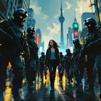 A lone woman walks defiantly through a city street, flanked by heavily armed police in a dystopian setting, embodying the tension of lives overshadowed by authority.