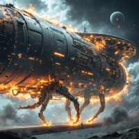 A colossal spaceship, resembling a mechanical creature, strides across a barren landscape, illuminated by fiery details and set against a distant planet, embodying humanity's quest for knowledge.