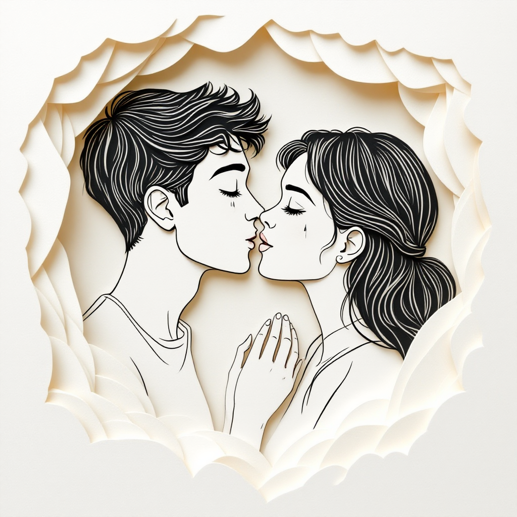 A tender illustration of a young couple sharing a kiss, encapsulating moments of love, hope, and relief, framed by soft, layered textures reminiscent of paper art.